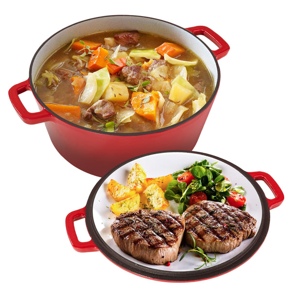 English Elm Enamel Cast Iron Dutch Oven 6QT with 2QT Lid — Versatile 2-in-1 Stew Pot and Frying Pan Set for Home Cooking Red T3950P391585