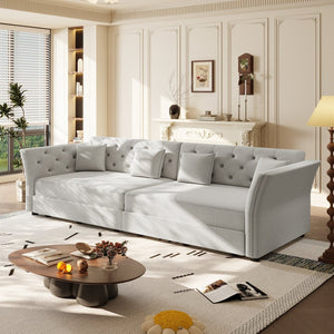 English Elm 100" Oversized Velvet Sleeper Sofa with Floral Tufted Cushions for Living Room Light Grey W1885S00302