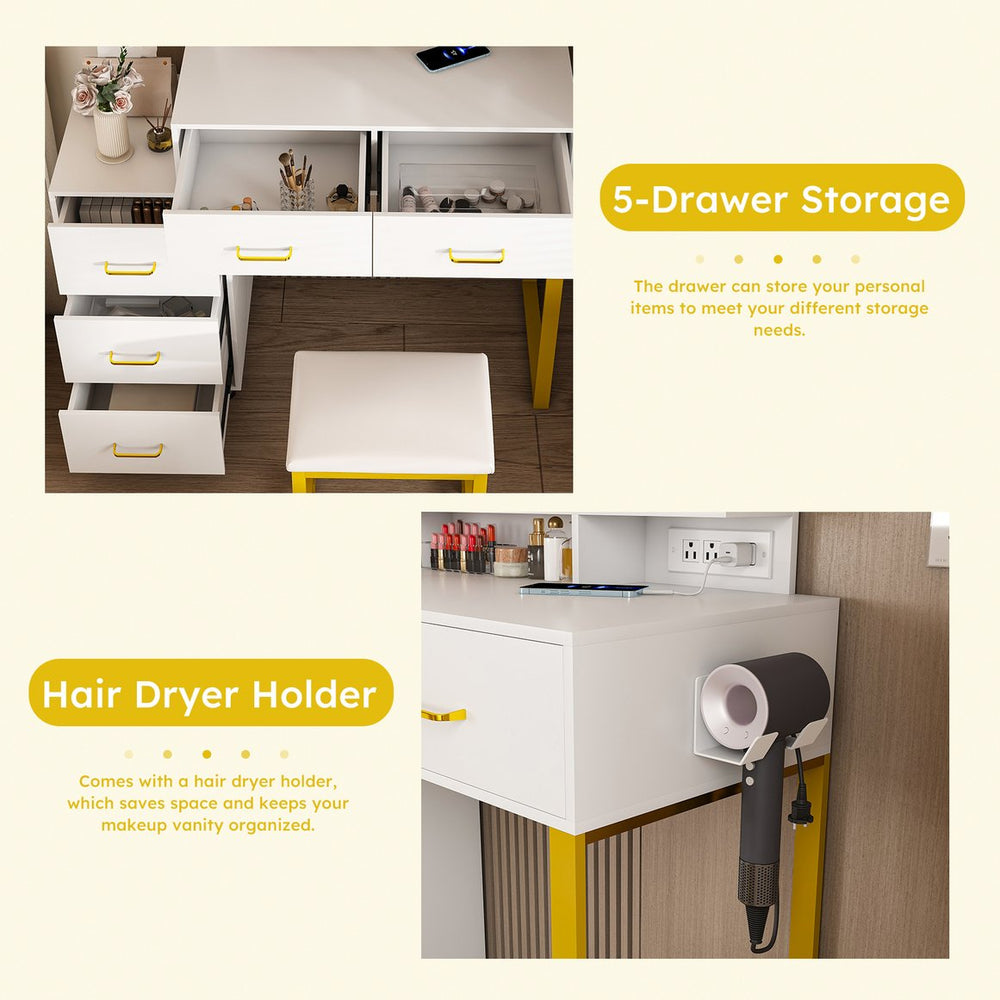 English Elm Makeup Vanity Table with LED Lights, 5 Drawers, Power Outlet & USB, Hair Dryer Rack, Sturdy White W509P293822