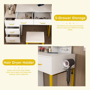 English Elm Makeup Vanity Table with LED Lights, 5 Drawers, Power Outlet & USB, Hair Dryer Rack, Sturdy White W509P293822