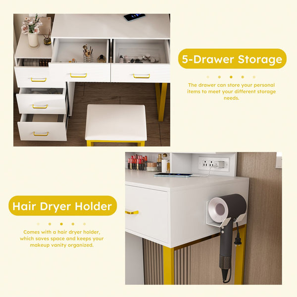 English Elm Makeup Vanity Table with LED Lights, 5 Drawers, Power Outlet & USB, Hair Dryer Rack, Sturdy White W509P293822