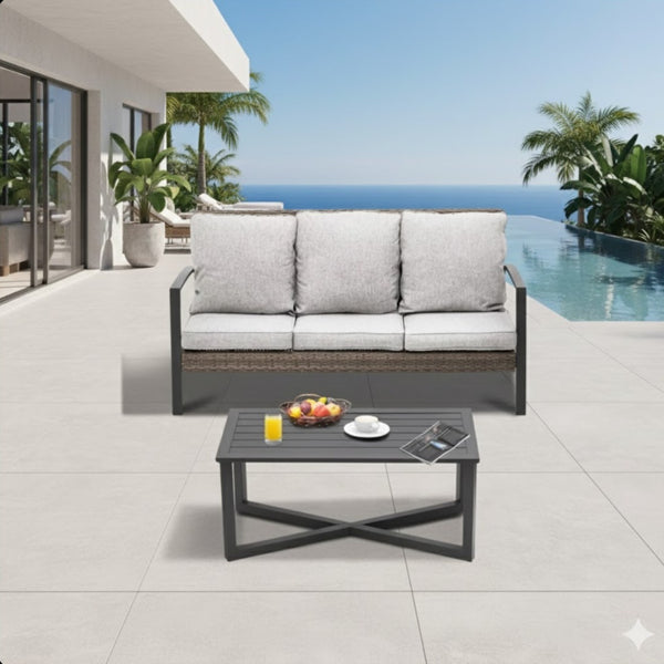 English Elm 2-piece Pe Rattan Outdoor Sofa Set with Steel Frame and Patio Coffee Table Gray B082P455166