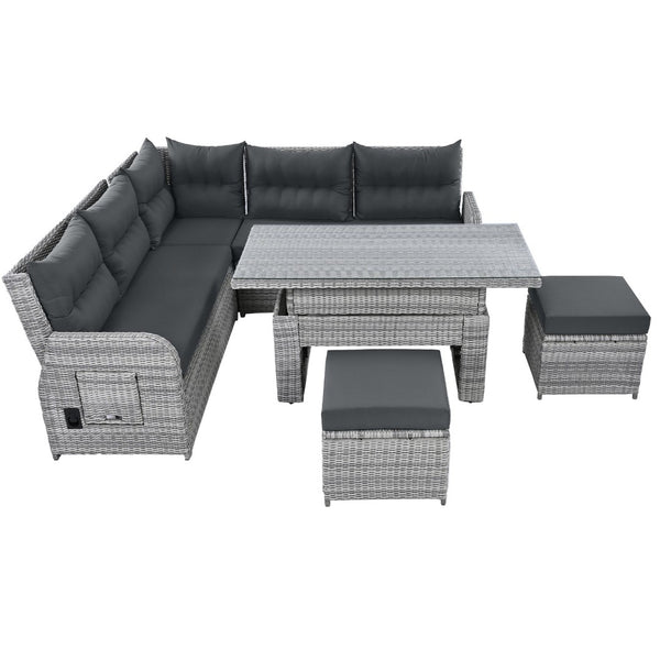 English Elm Outdoor Furniture Set: Modern Rattan Patio Set With Adjustable Recliners, Glass Tables & Ottomans N719Z000120E-GIGA