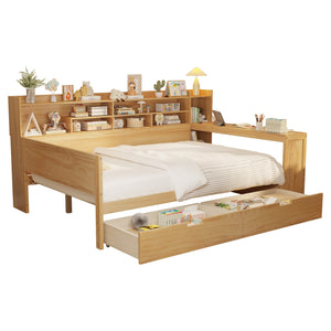 English Elm Wooden Full Size Daybed with Built-In Desk, Side Shelves and Dual Drawers for Organized Living Natural 70 L x 18.6 W x 5.5 H N733S241486M