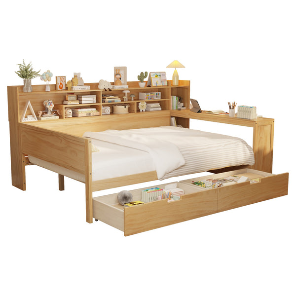 English Elm Wooden Full Size Daybed with Built-In Desk, Side Shelves and Dual Drawers for Organized Living Natural 70 L x 18.6 W x 5.5 H N733S241486M