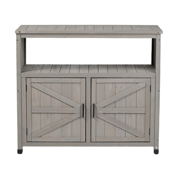 English Elm Wooden Solid Bar Height Buffet Cabinet with Slatted Panels for Patio or Dining W2640P262542
