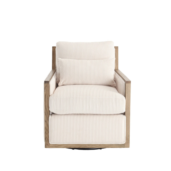 English Elm Corduroy Swivel Barrel Chair with Removable Cushion 360° Metal Base Sturdy Hardwood Frame Cozy Lounge Seat Beige W395P209380