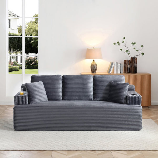 English Elm Boneless Floor Sofa Corduroy Upholstered 5 Seat Low Profile with Cup Holders for Living Room Grey W1117S00436