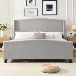 English Elm King Platform Bed Tall Upholstered Teddy Velvet Headboard Boutique Hotel Bedroom Style W1716P419749