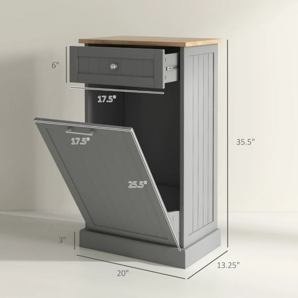 English Elm Trash Cabinet with Tilt Out Door Oak Top Charcoal Gray Kitchen Storage Unit Gray,Oak T3971P464961