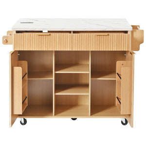 English Elm K&k Fluted Rolling Kitchen Island Faux Marble Top Power Outlet Drop Leaf Storage Natural N707S000019Y