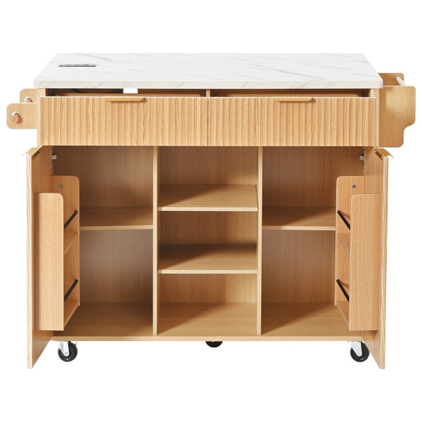 English Elm K&k Fluted Rolling Kitchen Island Faux Marble Top Power Outlet Drop Leaf Storage Natural N707S000019Y
