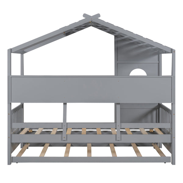 English Elm Wooden Twin House Bed with Trundle and 3 Back Shelves, Pine Frame Playful Loft Design for Kids Gray 41.7 L x 16.25 W x 6 H N733S316110E