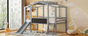 English Elm Twin House Loft Bed with Slide Chalkboard Panel and Led Roofline for Kids Gray WF324323AAE
