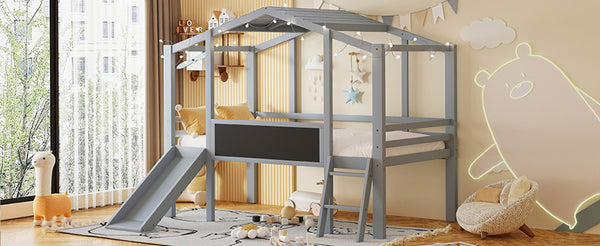 English Elm Twin House Loft Bed with Slide Chalkboard Panel and Led Roofline for Kids Gray WF324323AAE