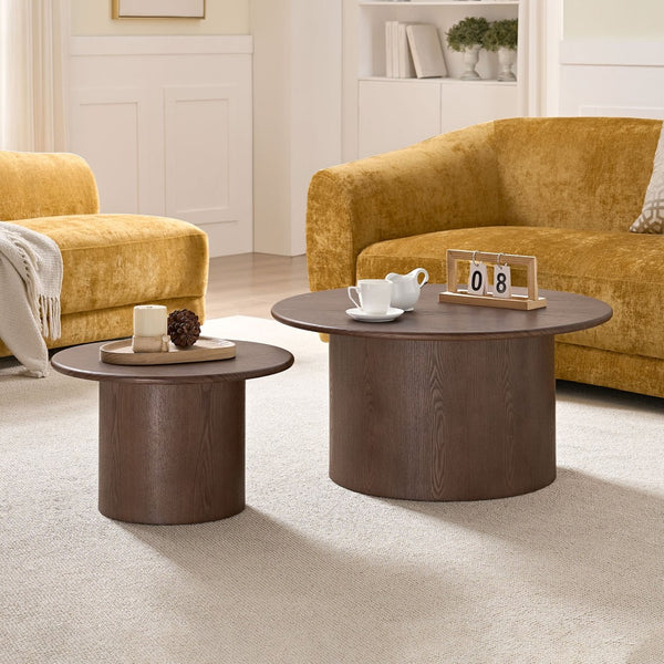 English Elm Coffee Table Nesting Set Round Mdf Pair Walnut Finish for Modern Living Rooms W876S00337