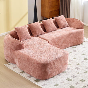 English Elm Pink chenille L-shaped sofa with high-elastic sponge, curved armrests, 4 throw pillows, 900lb capacity W3612S00018