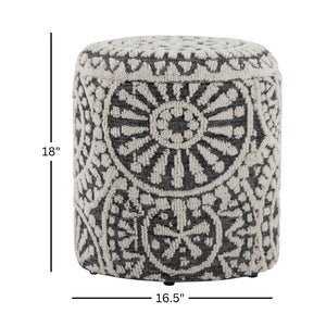 English Elm Wood Lidded Storage Ottoman Handwoven Wool Artisan Texture for Bohemian Living Spaces Black,Ivory B202P471518