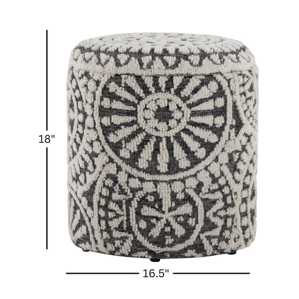 English Elm Wood Lidded Storage Ottoman Handwoven Wool Artisan Texture for Bohemian Living Spaces Black,Ivory B202P471518
