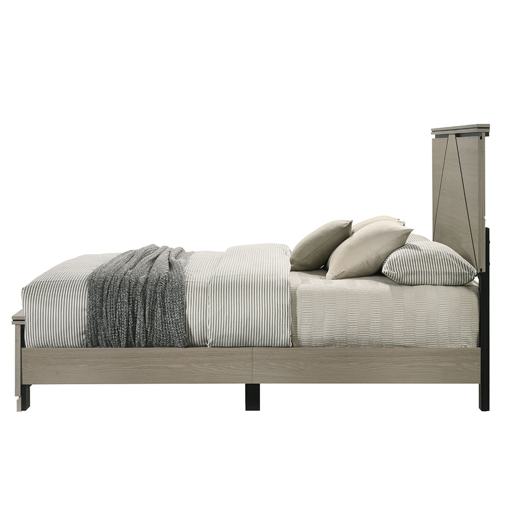 English Elm Modern Queen Size Bed with LED Headboard, Weathered Gray Wood Frame, Sturdy Legs, Easy Ship B2741P404874