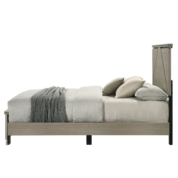 English Elm Modern Queen Size Bed with LED Headboard, Weathered Gray Wood Frame, Sturdy Legs, Easy Ship B2741P404874
