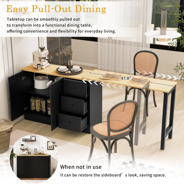 English Elm U_style Extendable Wooden Sideboard with 3 Drawers and 2 Doors for Entryway Living Room N711P334768O