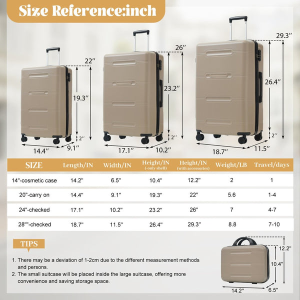 English Elm 6 Piece Hardshell Abs Travel Set with Spinner Wheels Combination Lock and Toiletry Bag Khaki N732P391465K