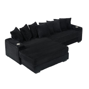 English Elm 111.4 Corduroy L-shaped Sofa with Chaise, Cup Holder & Storage Armrest, Solid Wood Frame, 500lb Capacity Black W1658S00133
