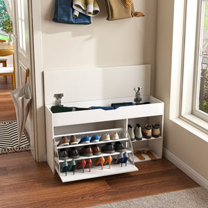English Elm Entryway Bench with Lift-Top Storage, Rotating 3-Tier Shoe Rack, Cushioned Seat, Durable 400lb Capacity W2699P296514