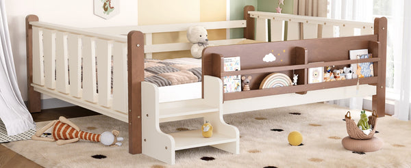 English Elm Twin Pine Floor Bed for Kids with Side Bookcases Built-in Stairs and Safety Guardrails Beige W1580P390220