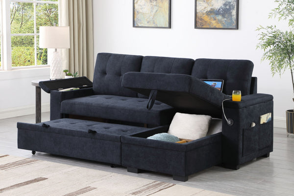 English Elm Aurora Woven Fabric Sleeper Sectional Sofa with Reversible Chaise and Built-in Storage Dark Gray B2749S00227