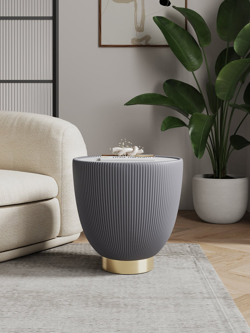 English Elm Anderson Upholstered End Table With Sintered Stone Top, Gold Base & Pleated Leatherette Design B365P398479