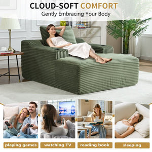 English Elm 67" Corduroy Oversized Chaise Sleeper Sofa Deep Seat Boneless Lounge with Cup Holder Pillows Green W1803P409244