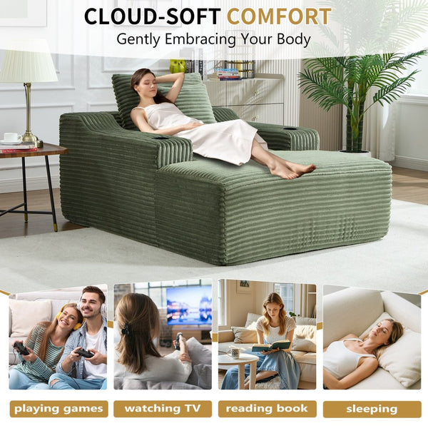 English Elm 67" Corduroy Oversized Chaise Sleeper Sofa Deep Seat Boneless Lounge with Cup Holder Pillows Green W1803P409244