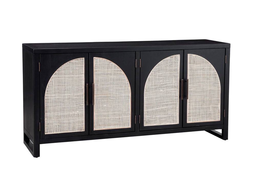 Basset Mirror Ashton Modern Boho Server With Cane Doors, Matte Black Finish, Adjustable Shelves & Cord Management Black Rubberwood Solids,Oak Veneer,Cane 8515-dr-576