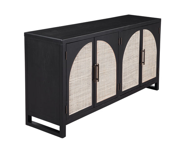 Basset Mirror Ashton Modern Boho Server With Cane Doors, Matte Black Finish, Adjustable Shelves & Cord Management Black Rubberwood Solids,Oak Veneer,Cane 8515-dr-576