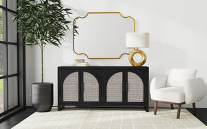Basset Mirror Ashton Modern Boho Server With Cane Doors, Matte Black Finish, Adjustable Shelves & Cord Management Black Rubberwood Solids,Oak Veneer,Cane 8515-dr-576