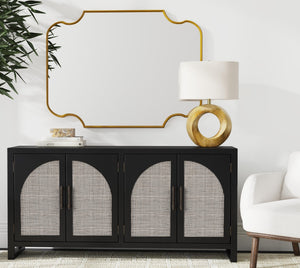 Basset Mirror Ashton Modern Boho Server With Cane Doors, Matte Black Finish, Adjustable Shelves & Cord Management Black Rubberwood Solids,Oak Veneer,Cane 8515-dr-576