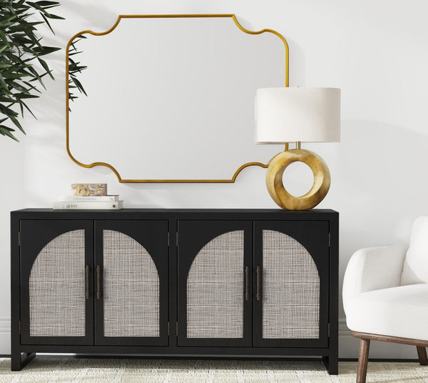 Basset Mirror Ashton Modern Boho Server With Cane Doors, Matte Black Finish, Adjustable Shelves & Cord Management Black Rubberwood Solids,Oak Veneer,Cane 8515-dr-576