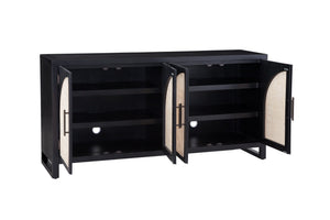 Basset Mirror Ashton Modern Boho Server With Cane Doors, Matte Black Finish, Adjustable Shelves & Cord Management Black Rubberwood Solids,Oak Veneer,Cane 8515-dr-576