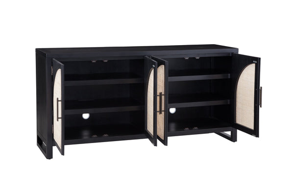 Basset Mirror Ashton Modern Boho Server With Cane Doors, Matte Black Finish, Adjustable Shelves & Cord Management Black Rubberwood Solids,Oak Veneer,Cane 8515-dr-576