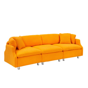 English Elm 95.3 Teddy Two Throw Pillow 3-Seat Sofa with Plush Teddy Fabric, Solid Wood Frame and Metal Legs Orange W1278S00071