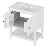 English Elm 30" White Modern Sleek Bathroom Vanity Elegant Ceramic Sink With Solid Wood Frame Open Style Shelf & Door Shelf Design