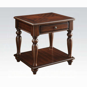 English Elm Walnut Parquet Top End Table with Turned Legs, Single Drawer & Lower Shelf for Classic Charm (98) B062P209076