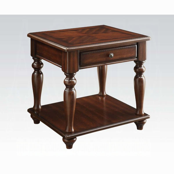 English Elm Walnut Parquet Top End Table with Turned Legs, Single Drawer & Lower Shelf for Classic Charm (98) B062P209076