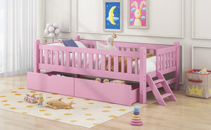 English Elm Wood Twin Platform Bed with Guardrail, Solid Pine Construction, 2 Underbed Drawers for Storage and Playroom Space Pink N709P242145H