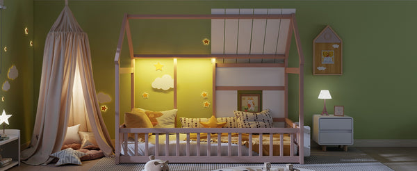 English Elm Twin House Frame Floor Bed Pinewood Build with Led Roofline Kids Bedroom Cream,White W697P435884
