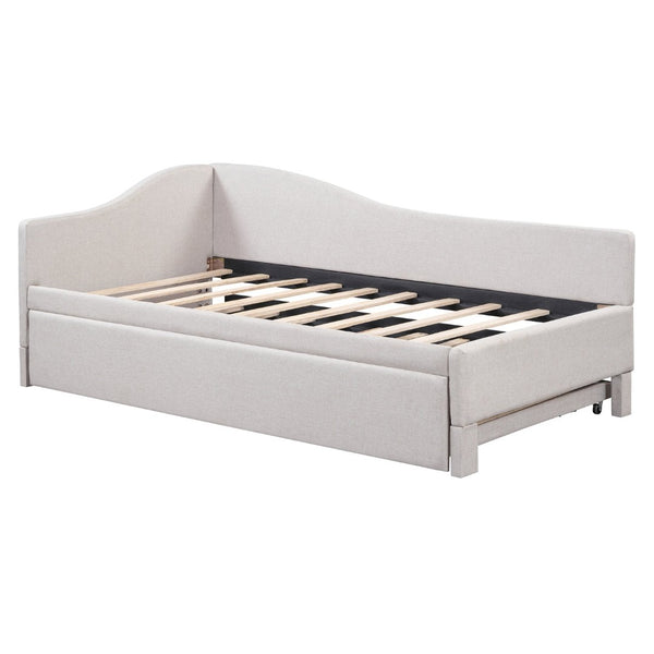 English Elm Twin L-shaped Linen Upholstered Daybed with Hydraulic Pop-up Trundle for Guest Rooms Beige SF000193AAA-1