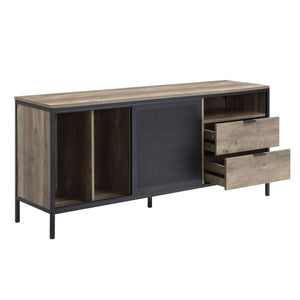 English Elm Rustic 63" Oak & Black TV Stand with Metal Frame, 2 Drawers, 5 Compartments, Knock-Down Design for Easy Assembly and Transport B062S00571