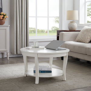 English Elm Traditional Round Coffee Table with Open Shelf, 2-Tier Solid Wood Accent Table for Small Spaces White W1693P216918